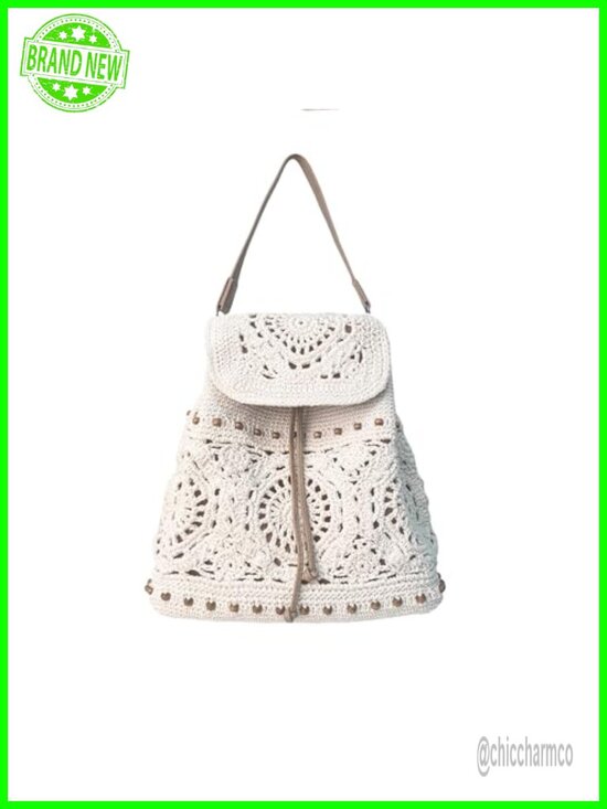 Handmade Women\'s Crochet Backpack Boho Rucksack Cotton Rope with Adjustable